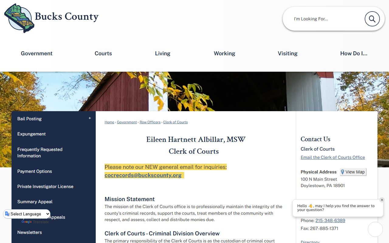Bucks County Clerk of Courts criminal records page