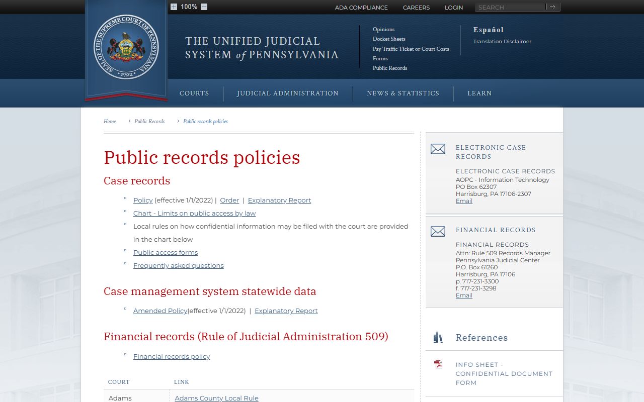 Pennsylvania public records policies for Bucks County court dockets