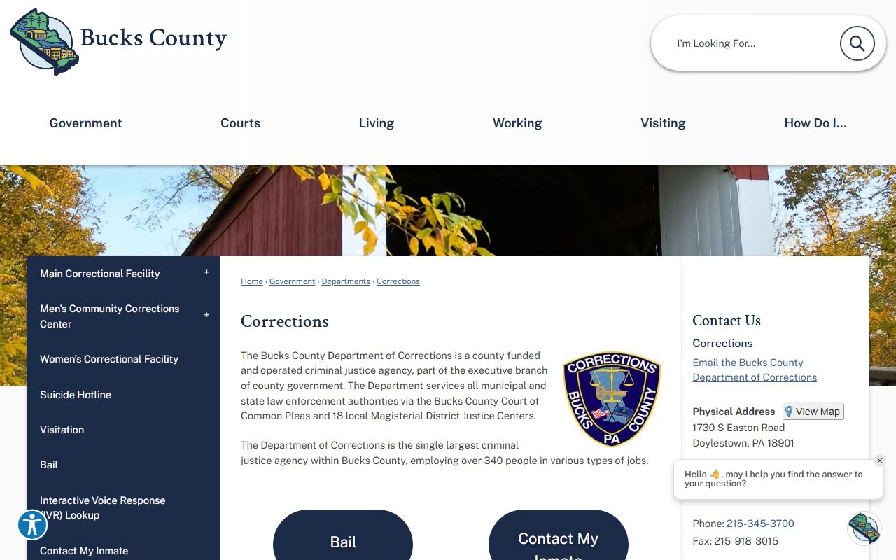 Bucks County inmate records Department of Corrections page
