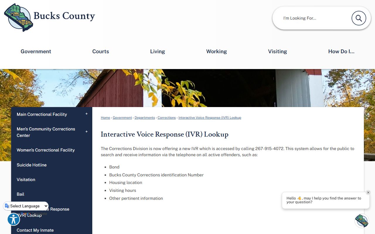 Bucks County inmate records Corrections IVR lookup page