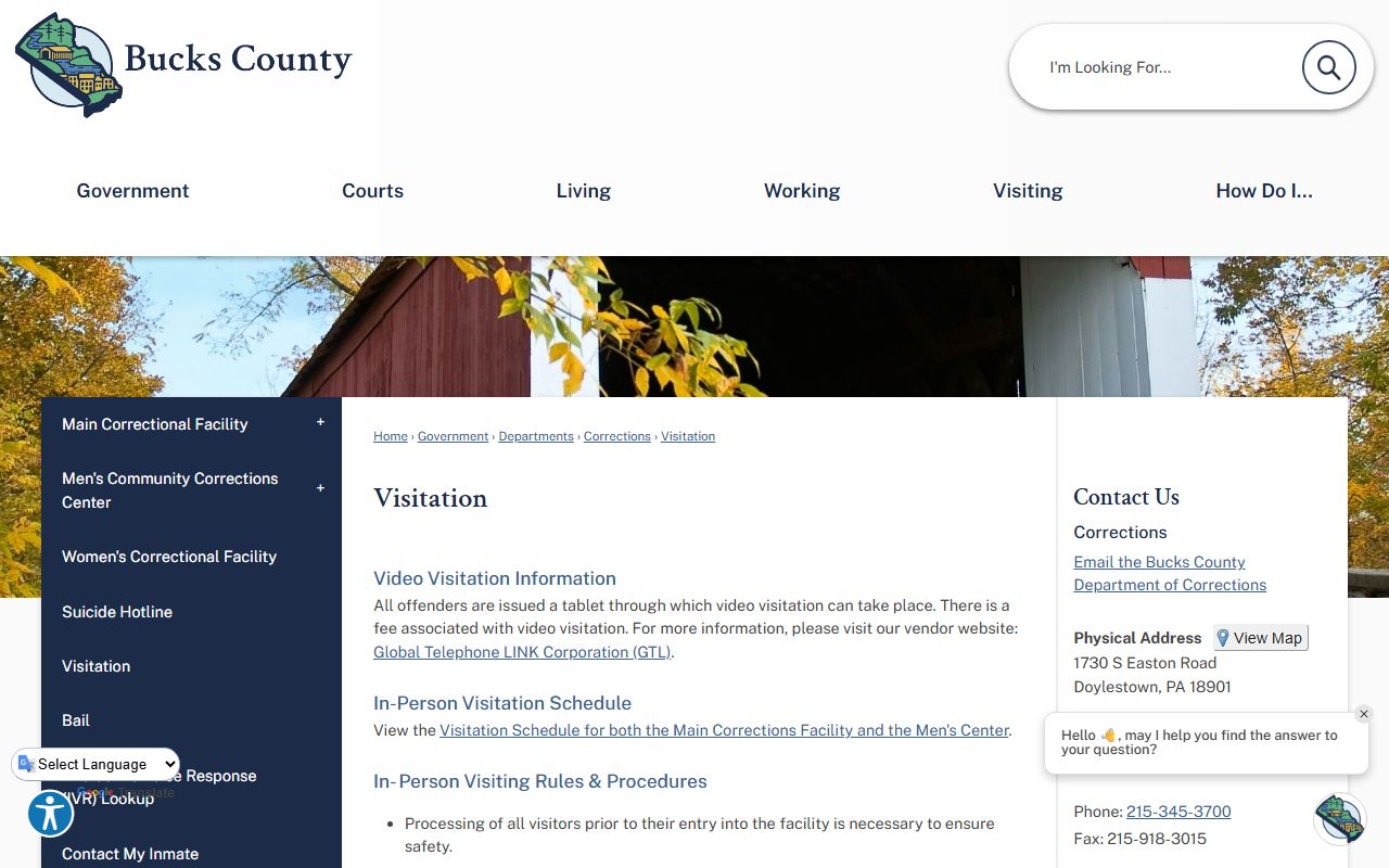 Bucks County inmate records Corrections visitation page