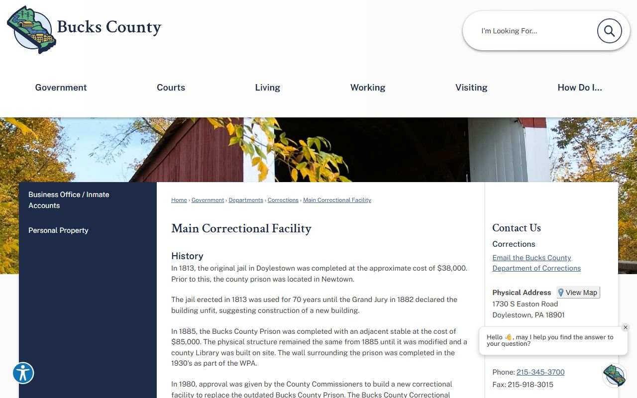 Bucks County inmate records Main Correctional Facility page