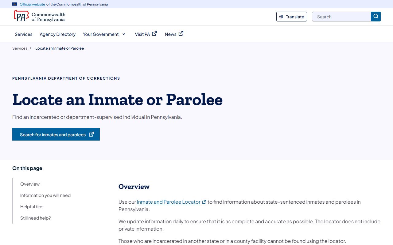 Bucks County inmate records Pennsylvania DOC inmate locator page