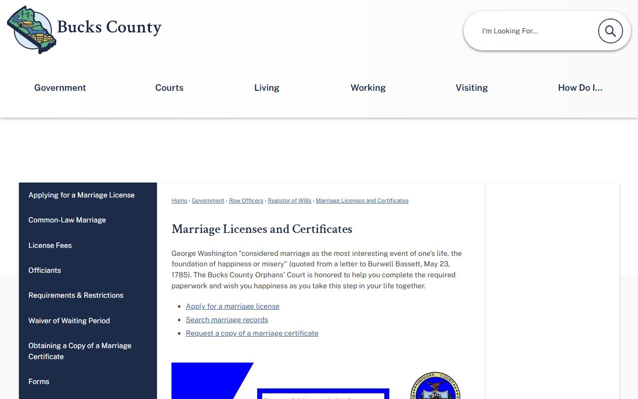 Bucks County marriage records licenses and certificates page