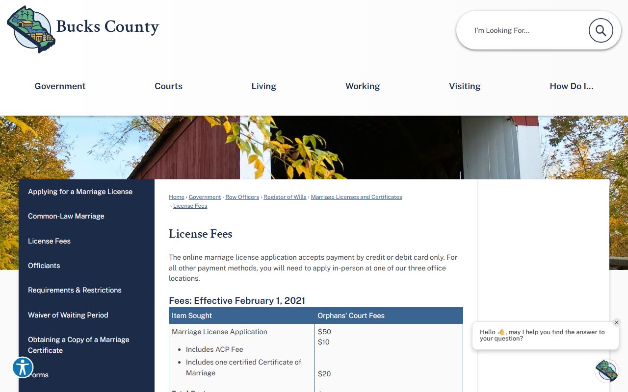Bucks County marriage records license fee table
