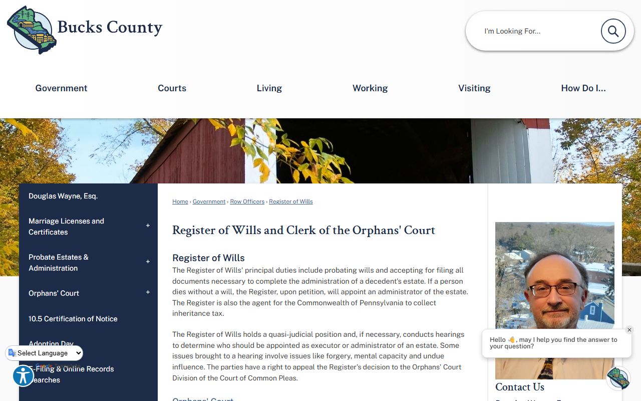 Bucks County probate records Register of Wills page