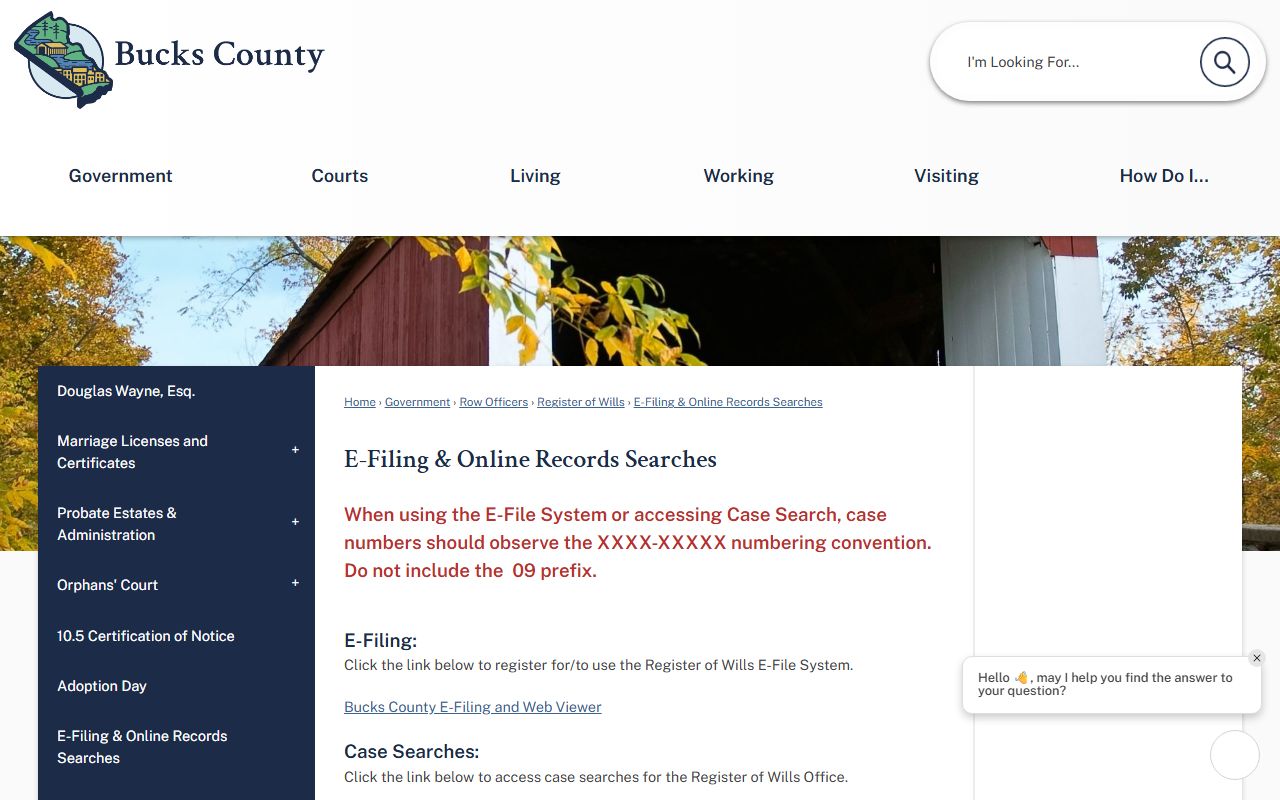 Bucks County probate records e-filing and Web Viewer page