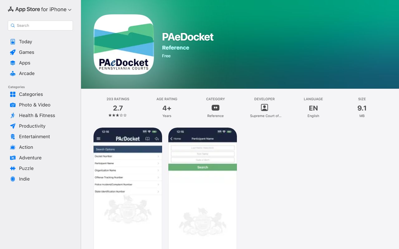 Bucks County traffic court records PAeDocket mobile app page