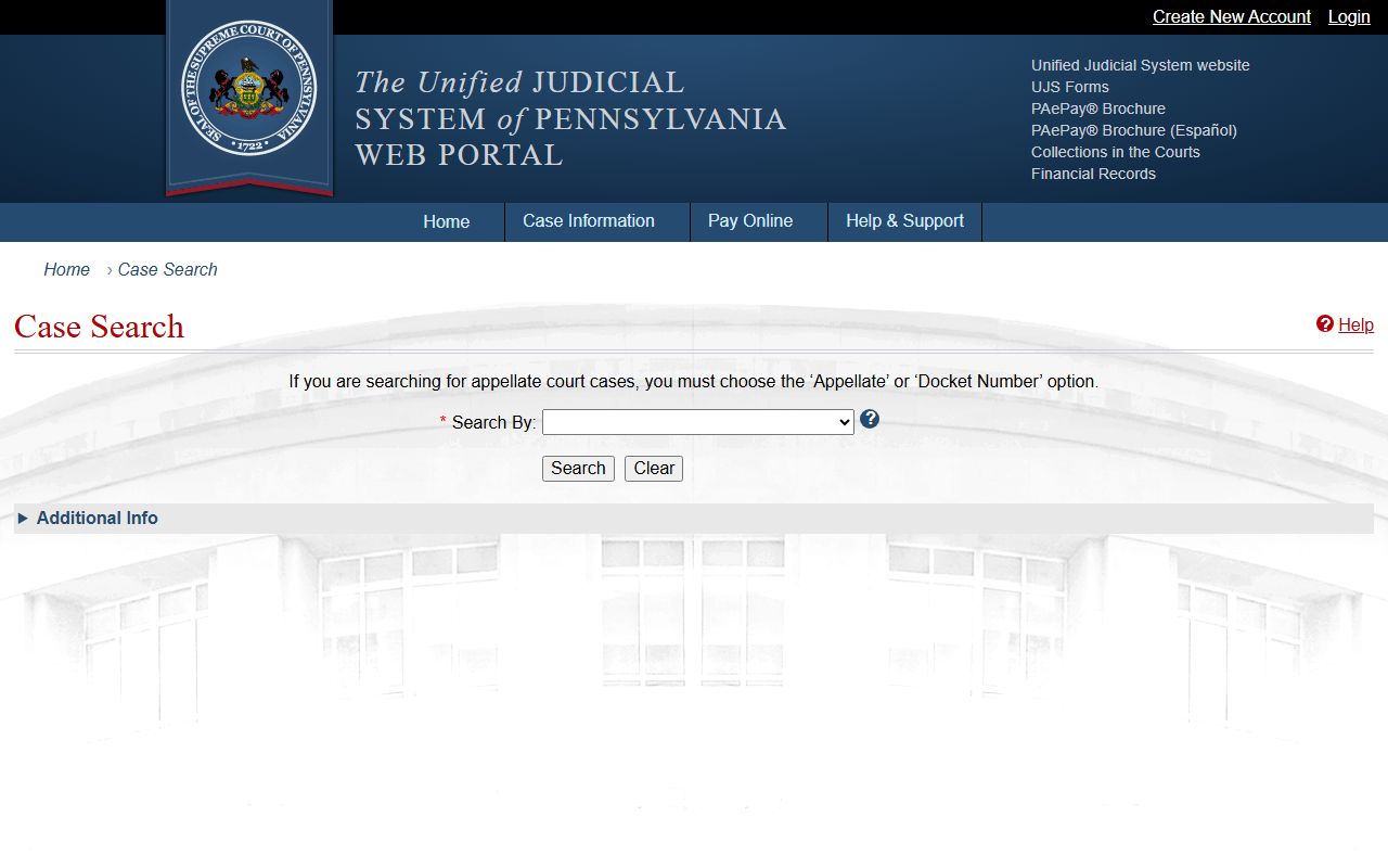 Bucks County traffic court records UJS citation search page