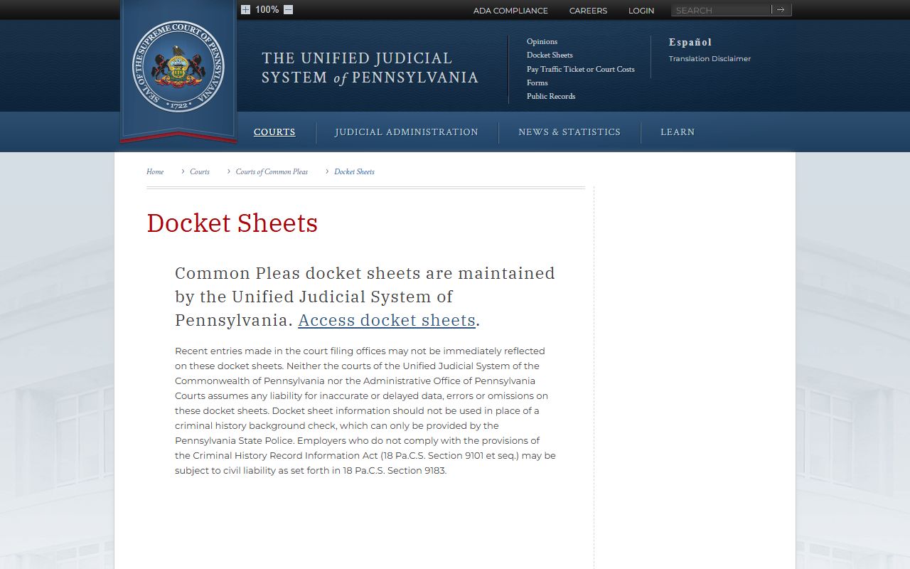 Bucks County traffic court records UJS docket sheet guidance