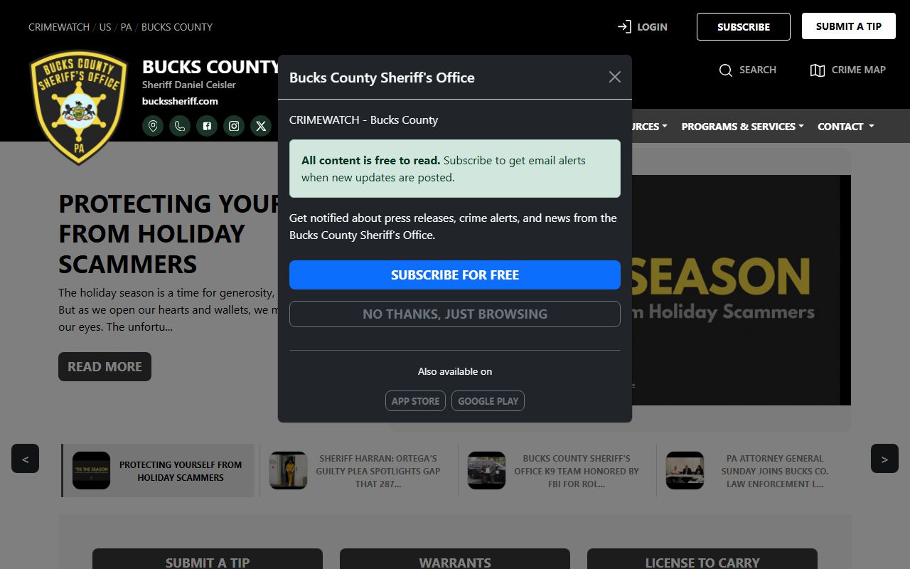 Bucks County warrant records Sheriff CRIMEWATCH page