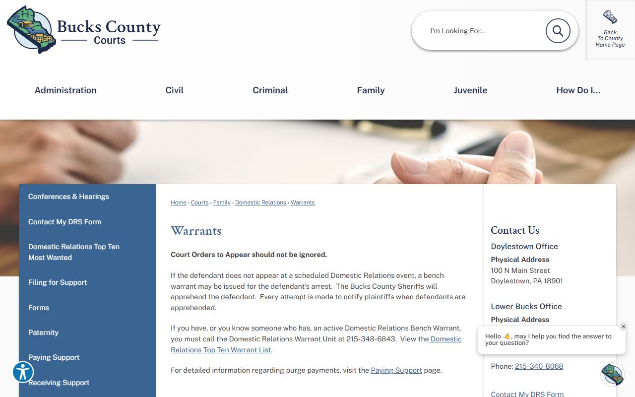 Bucks County warrant records Domestic Relations Warrant Unit page