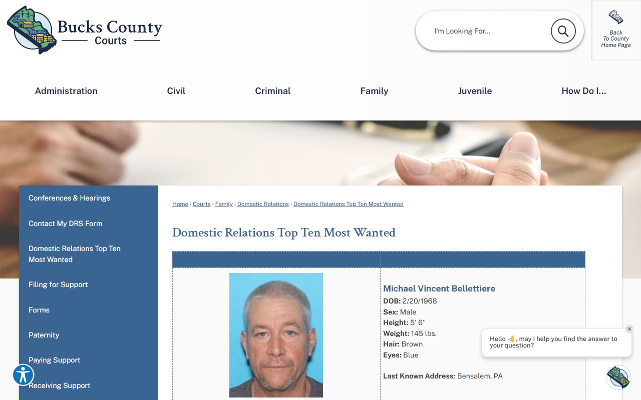 Bucks County warrant records Domestic Relations Top Ten Most Wanted fields