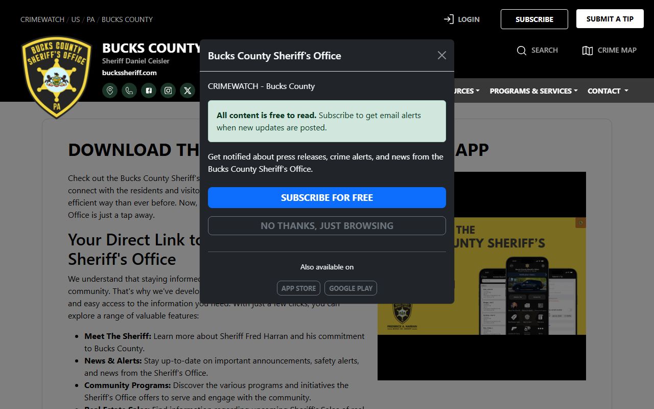 Bucks County warrant records Sheriff app download notice