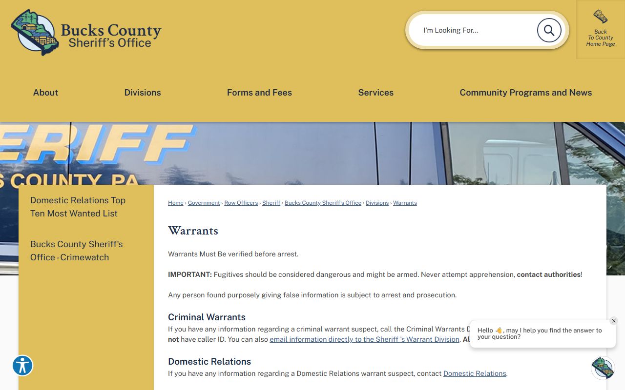 Bucks County warrant records Sheriff's criminal warrants page